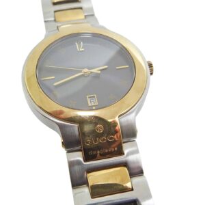 Estate Men's Gucci watch in stainless steel and yellow gold plated round with grey dial with date.